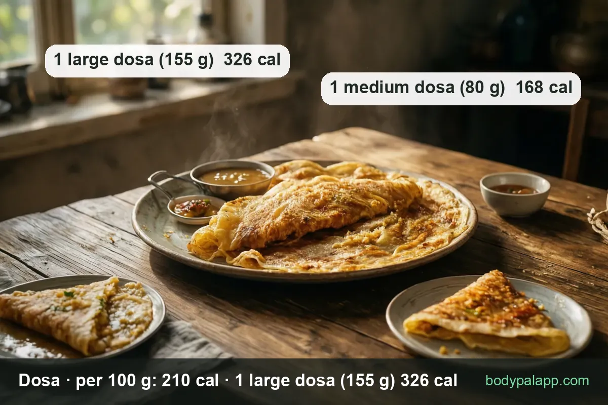 Folded dosa with sambar and chutney; 1 large dosa (155 g) 326 cal and 1 medium dosa (80 g) 168 cal