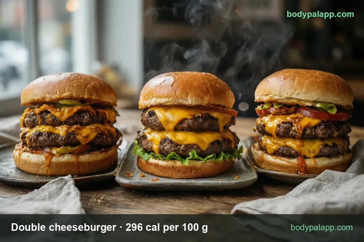 Three double cheeseburgers side by side, the middle one on a metal tray; 1 burger (205 g) 607 cal, half (102.5 g) 303 cal