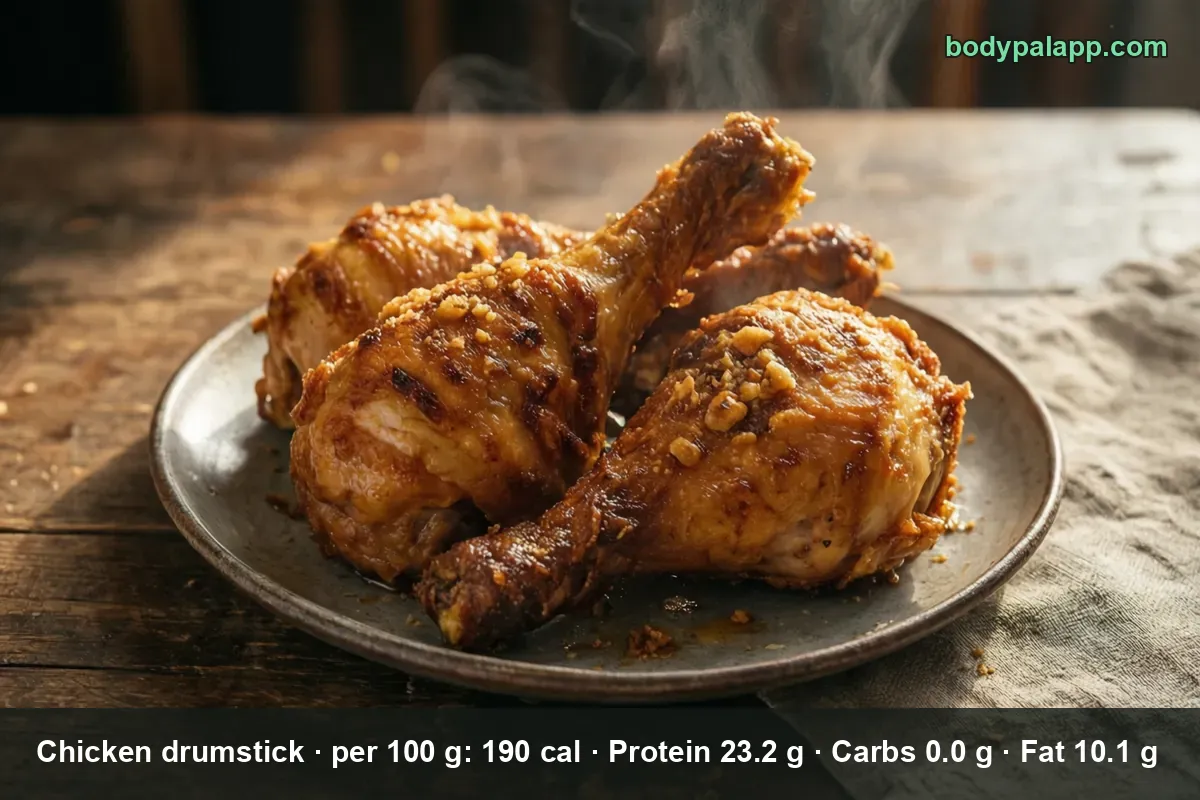 Three baked chicken drumsticks on a plate, steaming, with browned skin and no breading