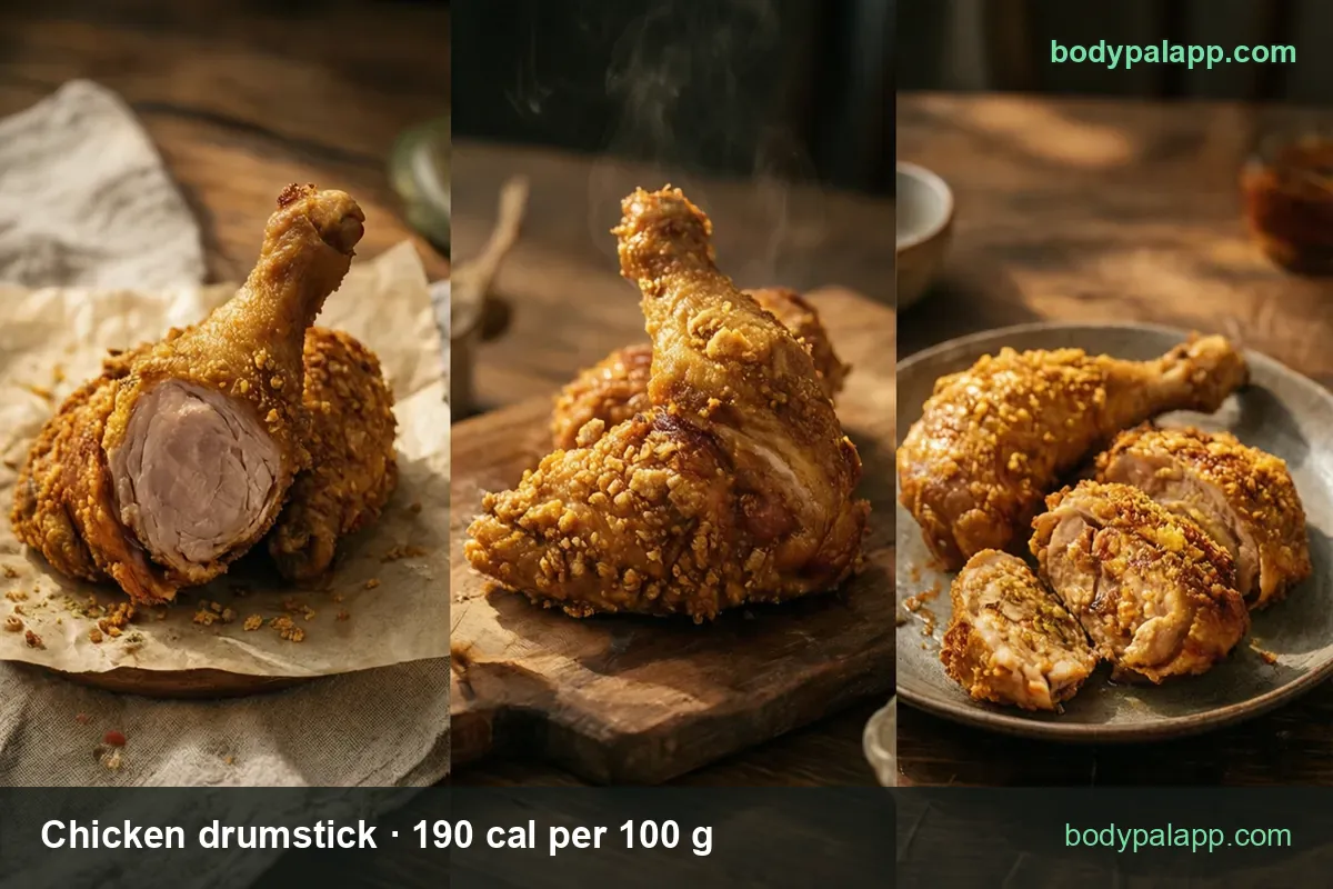 Breaded chicken drumsticks, whole and cut open on a board and plate; 1 medium (60 g) 114 cal, 1 large (80 g) 152 cal