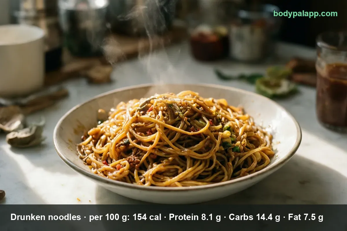 Bowl of thin drunken noodles in dark sauce with chili and green leaves, steam rising