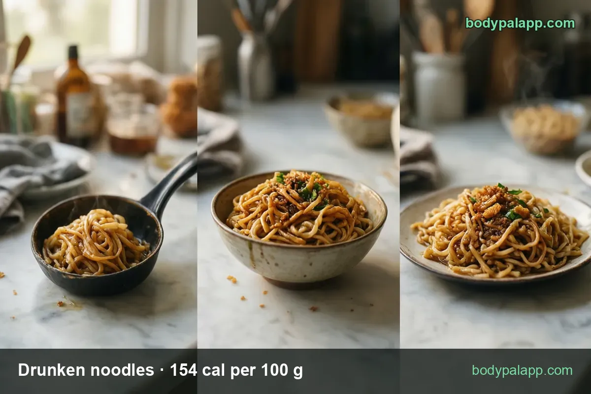 Drunken noodles in a small skillet, a bowl with scallions and a plate, with 1 cup (200 g) and 1.5 cups (300 g) chips