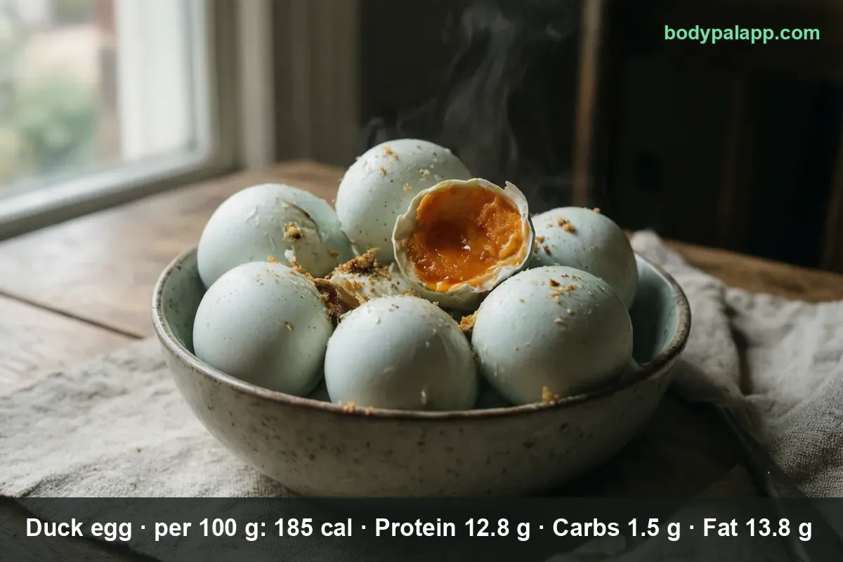 Bowl of seven pale blue duck eggs in the shell, one cracked open with a bright orange yolk and light steam rising.
