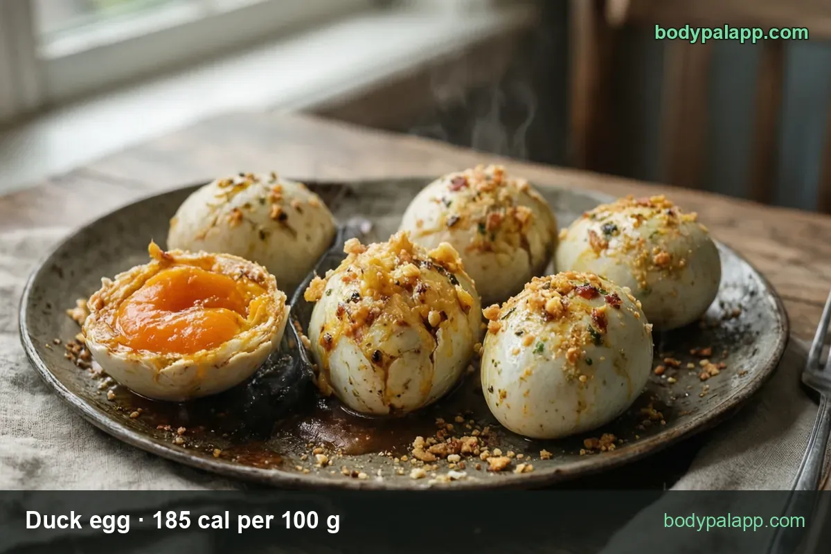 Five peeled boiled duck eggs with crumbs and herbs, one halved with orange yolk; 1 egg 70 g 130 cal, 2 eggs 140 g 259 cal.