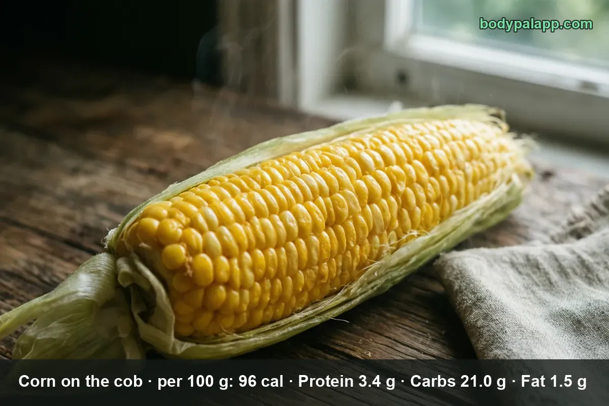 Boiled ear of yellow sweet corn with the husk pulled back on a wooden table - 99 calories in a medium ear