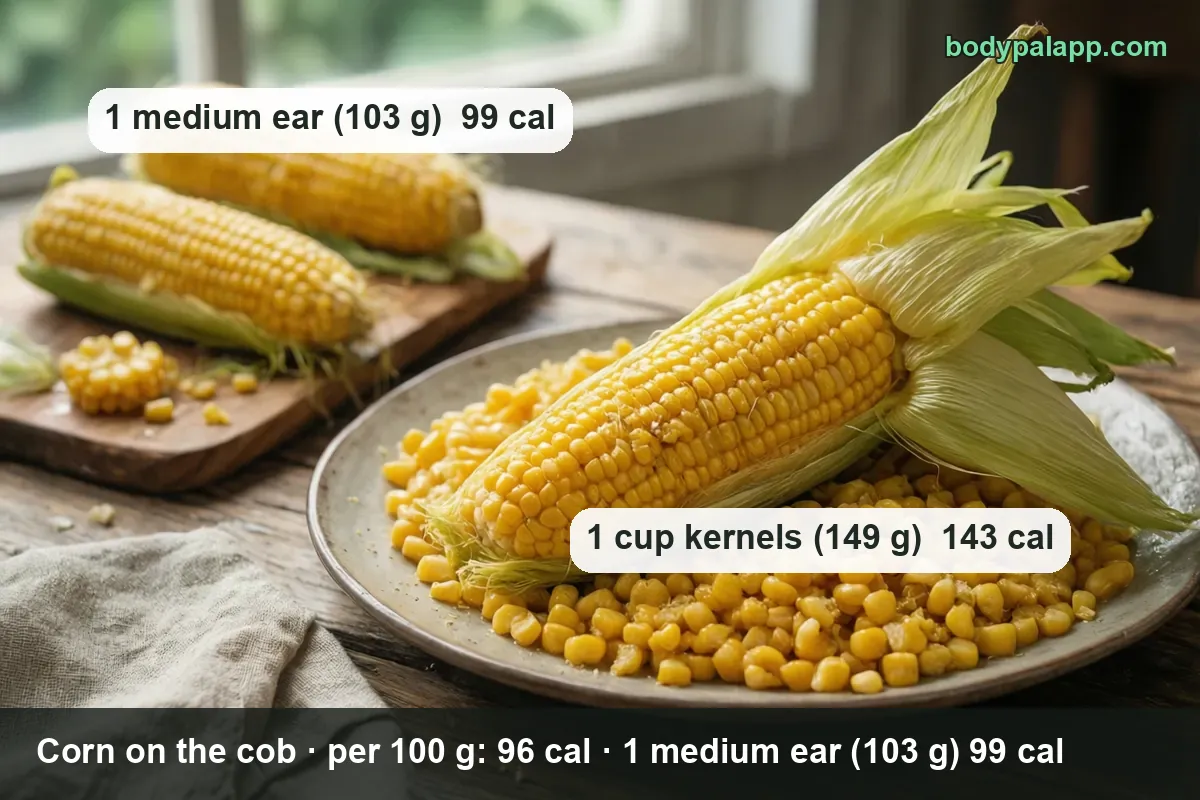 Shucked ear of corn on a pile of about one cup of cooked kernels with two husked ears behind - 99 calories per ear, 143 per cup