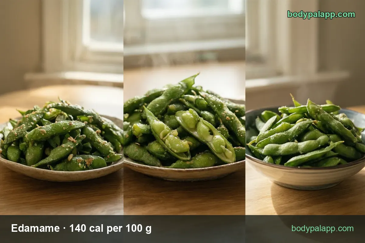 Three panels of edamame pods: seasoned on a plate, two opened showing beans, plain in a bowl — 1 cup 224 cal, 1/2 cup 112 cal