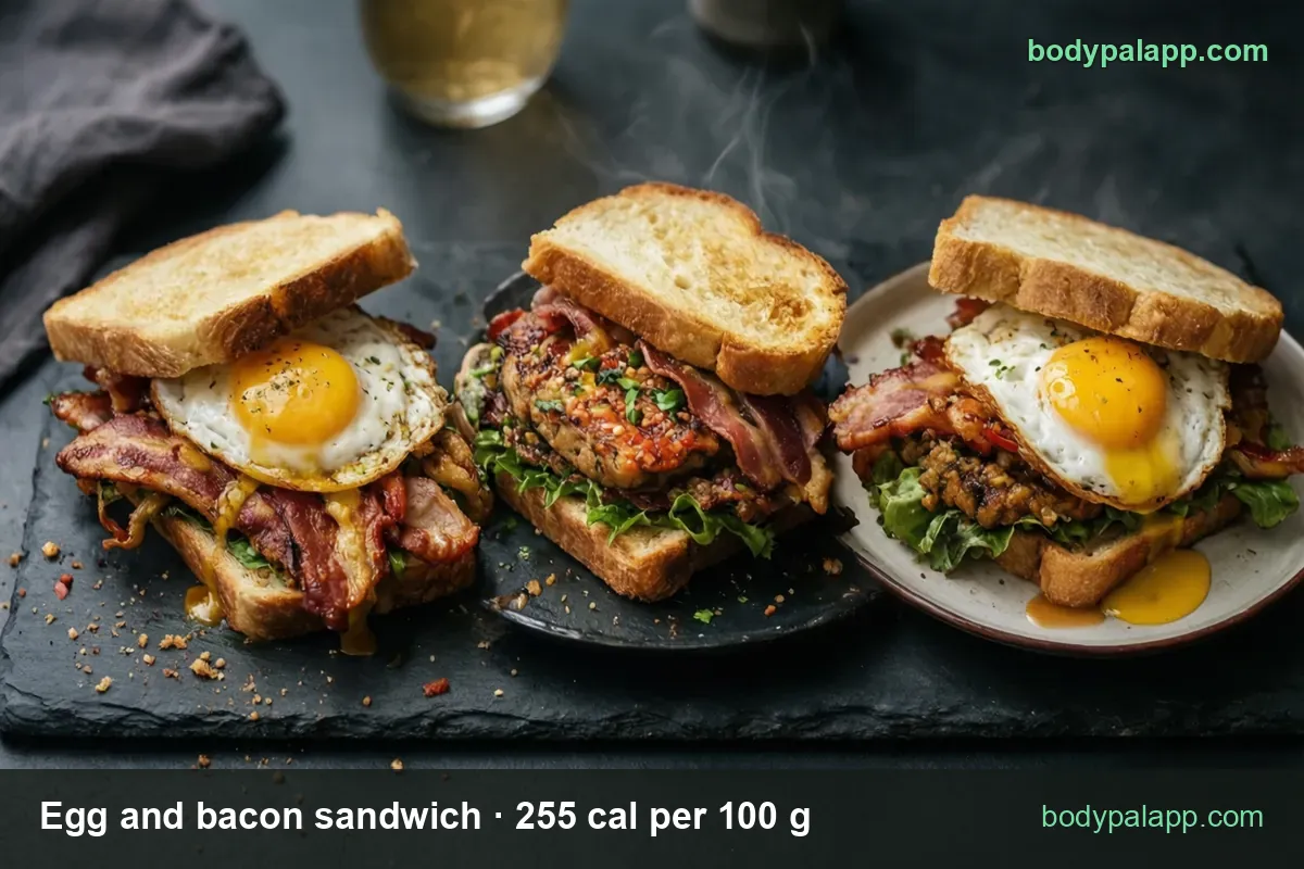 Three egg and bacon sandwiches on a slate board; portions 1 sandwich (150 g) 383 cal and 1 large (225 g) 574 cal.