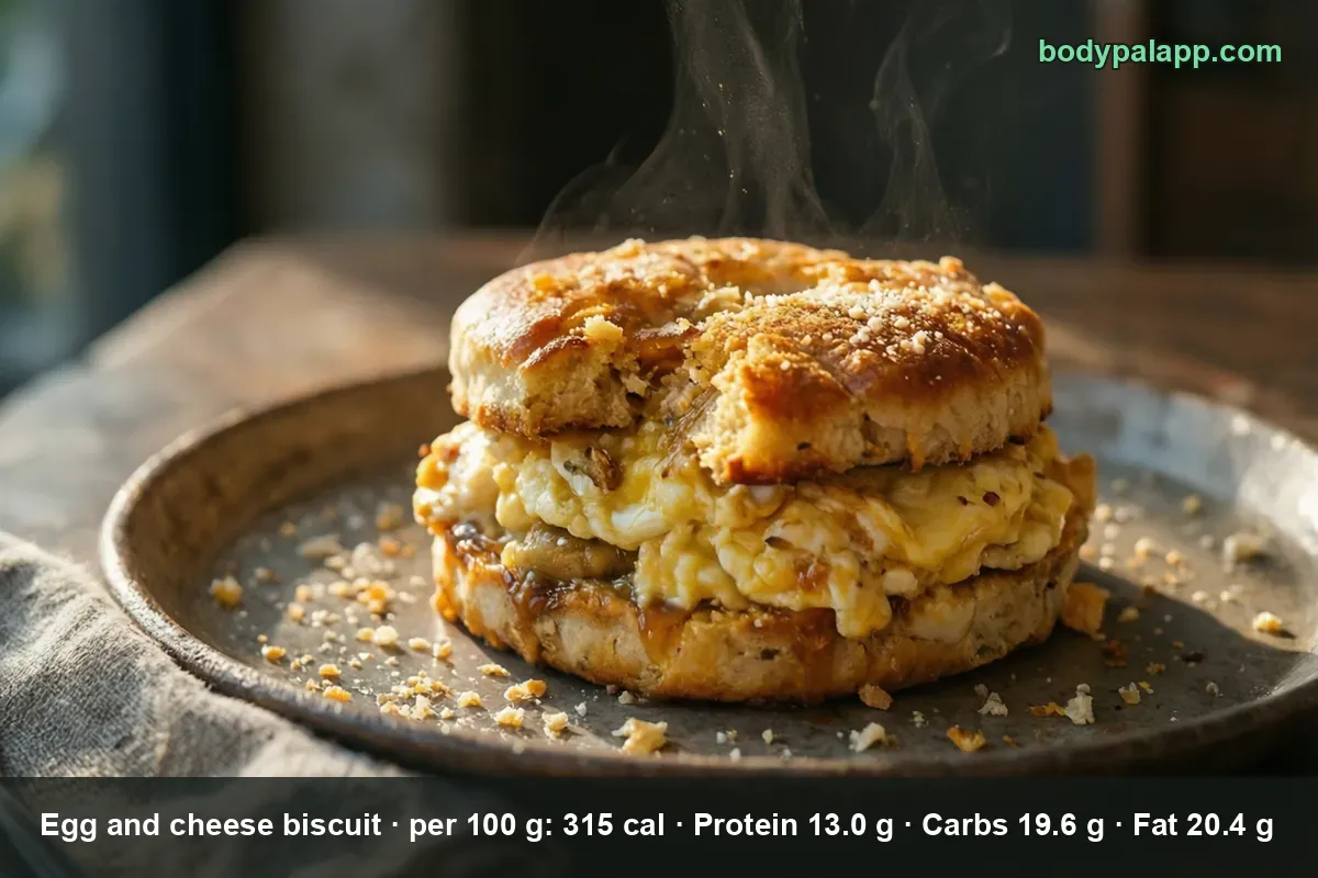 Round biscuit filled with scrambled egg and melted cheese, one bite taken, steam rising from the filling.