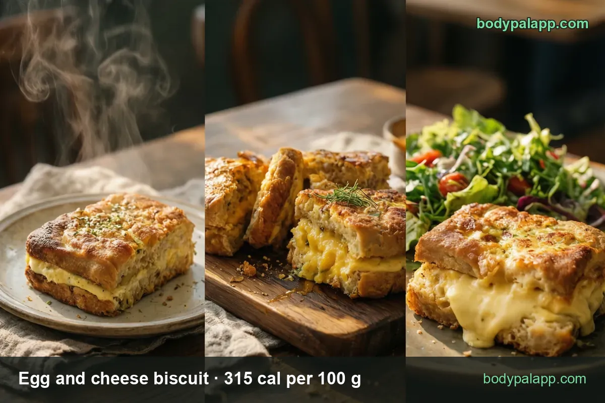 Egg and cheese biscuit sandwiches whole, halved and plated with salad; chips show 1 regular (160 g) 504 cal, 1 large (240 g) 756 cal.