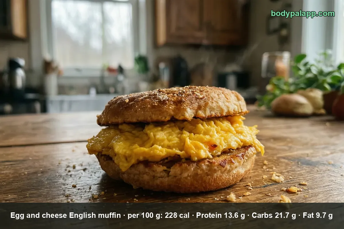 English muffin sandwich filled with scrambled egg, the melted cheese barely showing at the edge.