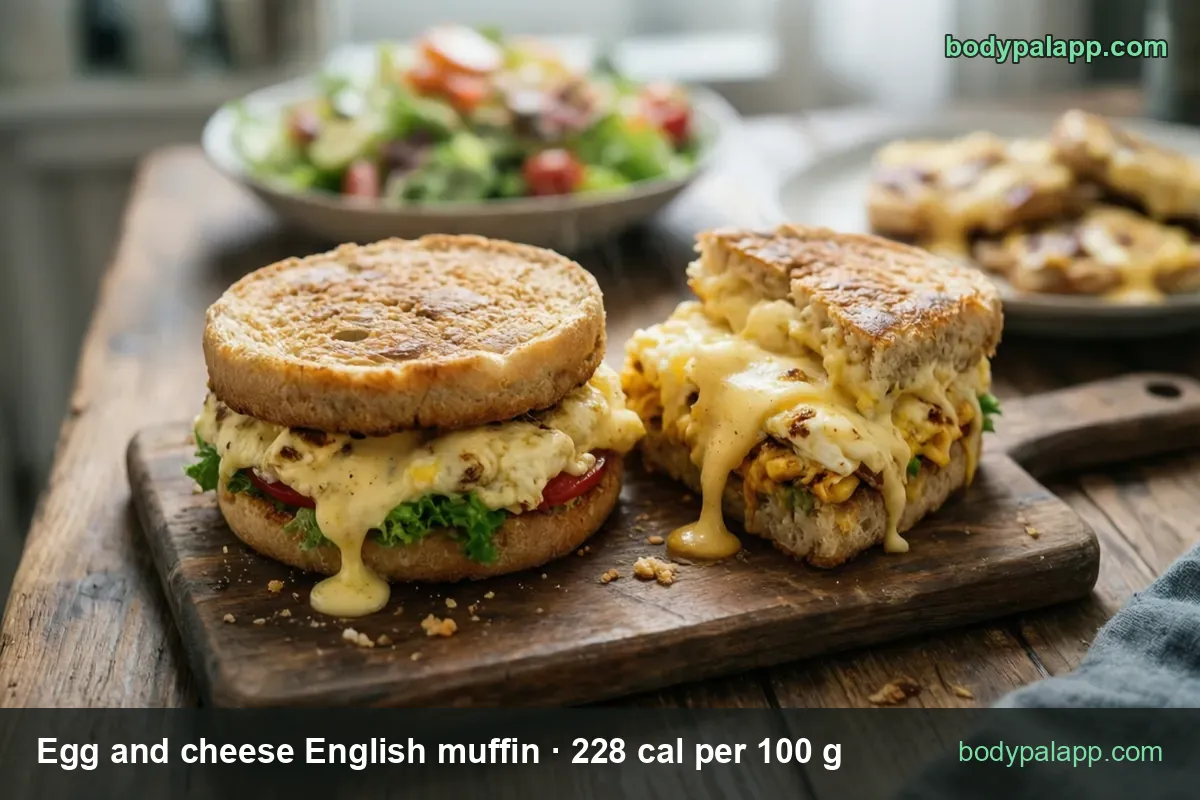 Two egg and cheese English muffins on a board, one halved; chips read 1 sandwich (126 g) 287 cal and 1/2 sandwich (63 g) 144 cal.