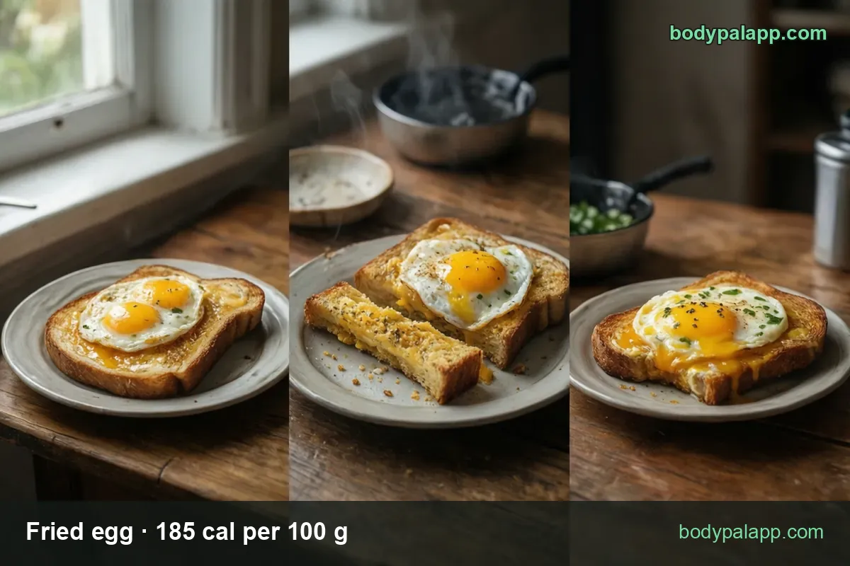 Egg and toast in three views: egg on a slice, toast strips with egg, runny yolk - 248 cal plate, 175 cal with one slice