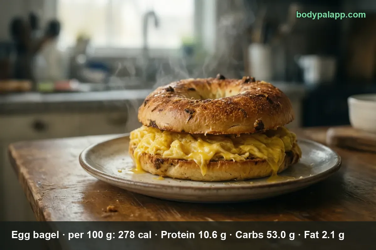 Whole egg bagel sandwich with scrambled eggs between the two halves, served on a plate.