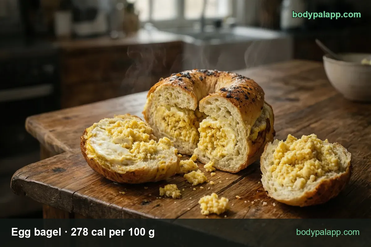 Halved seeded egg bagel filled with scrambled eggs on a wooden board; chips 1 medium bagel 105 g 292 cal and 1 large bagel 131 g 364 cal.