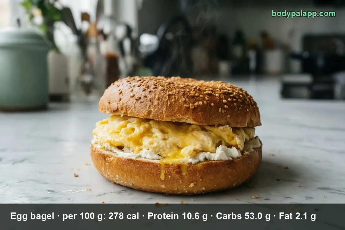 Sesame egg bagel filled with scrambled eggs over a layer of cream cheese