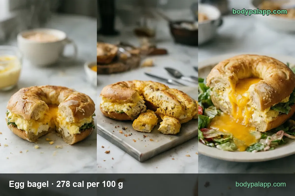 Egg bagel with scrambled eggs and greens, sliced on a board and over salad; 1 medium bagel 105 g and 1 large bagel 131 g