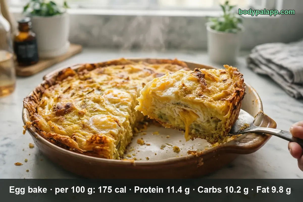 Round cheesy egg bake in a ceramic dish with one cut square lifted on a spatula by hand.