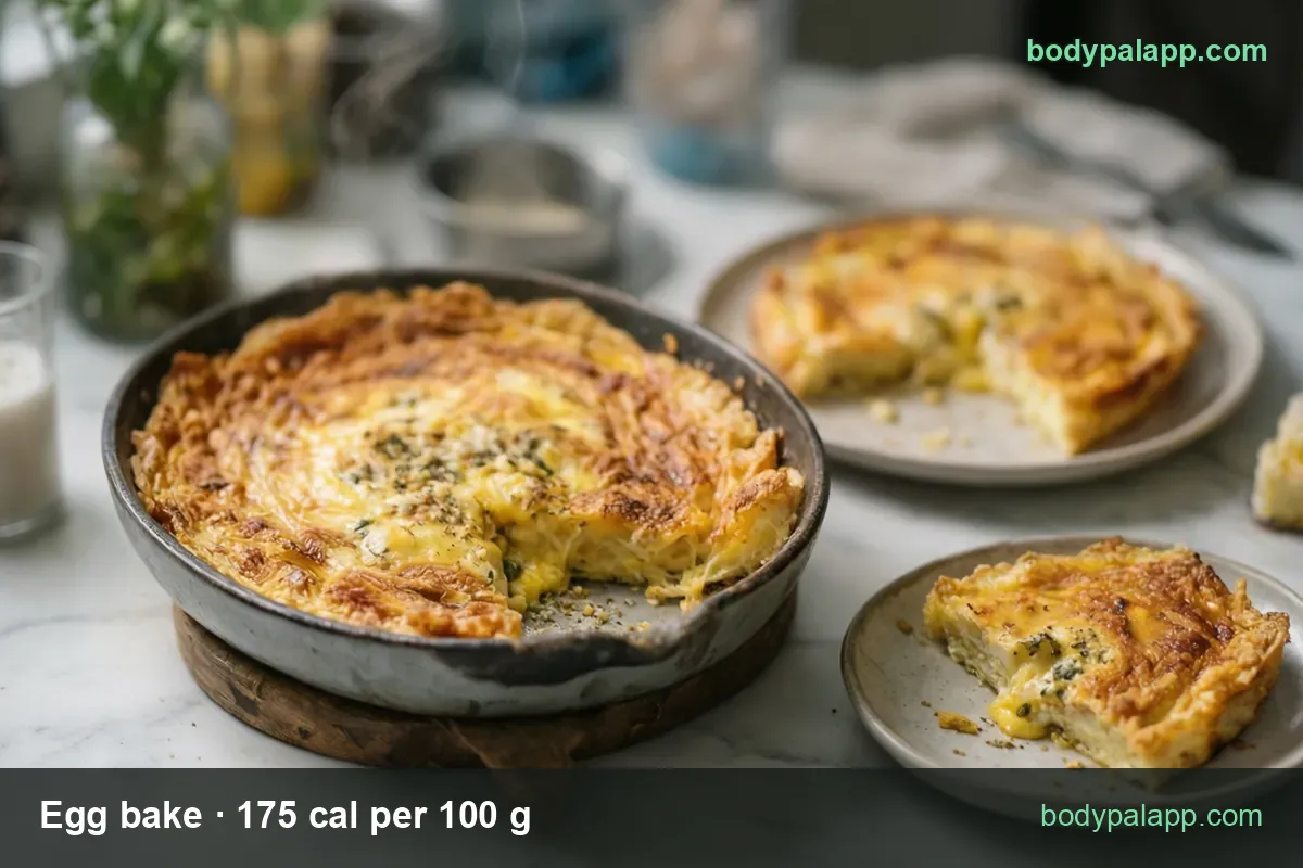 Cheesy egg bake in a cast iron skillet with plated pieces, labeled 1 cup (164 g) 287 cal and 1/2 cup (82 g) 144 cal.