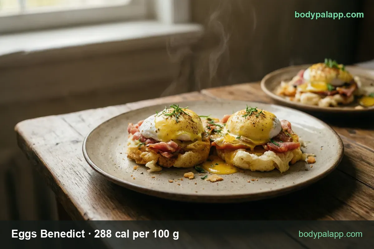 Two eggs Benedict with hollandaise and herbs, second plate behind: 1 egg (155 g) 446 cal, 2 eggs (310 g) 893 cal.