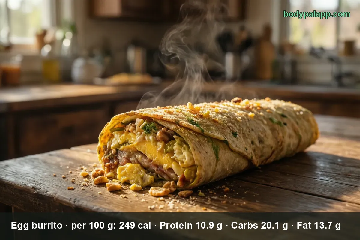 Egg burrito cut in half, showing scrambled egg, meat and greens inside the tortilla, with steam rising