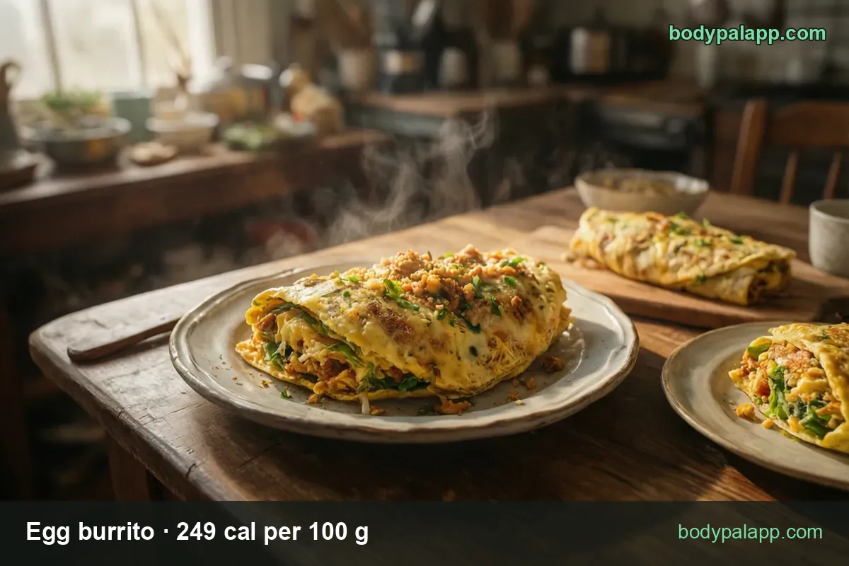 Three egg burrito servings: a folded egg tortilla with cheese, a whole rolled burrito, a third plate; 1 burrito 180 g and half 90 g