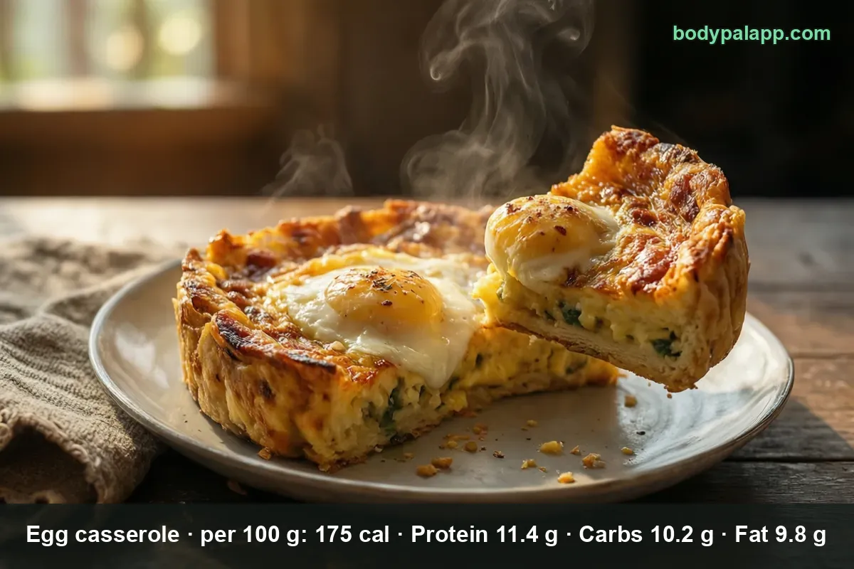 Baked egg casserole with two whole eggs on top, one steaming piece lifted to show the cut edge