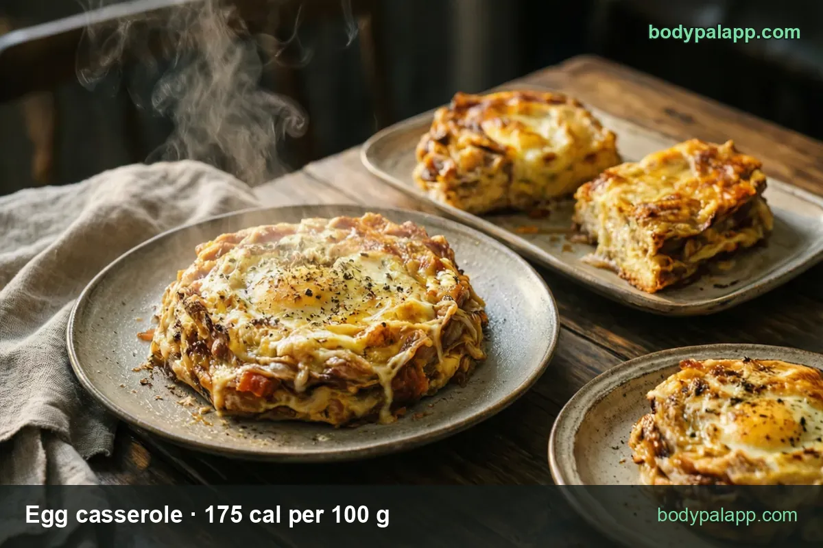 Three egg casserole servings: a round portion topped with a baked egg, a tray with two square pieces, a small plate portion; 1 cup 287 cal, 1 serving 144 cal