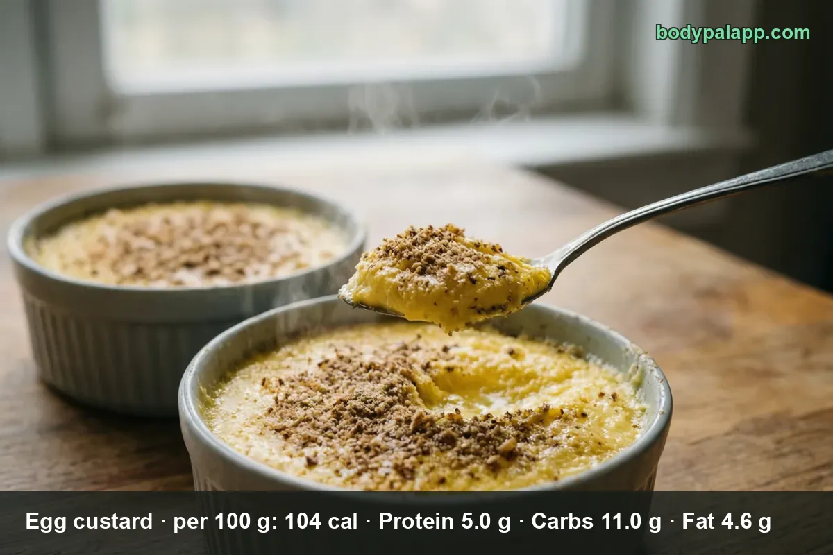 Two ramekins of baked egg custard with a spoonful of custard lifted above them and light steam rising.