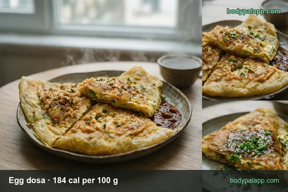 Egg dosa with onion cut into four triangles with chutney; 1 small dosa 113 g 208 cal and 1 medium dosa 267 g 491 cal