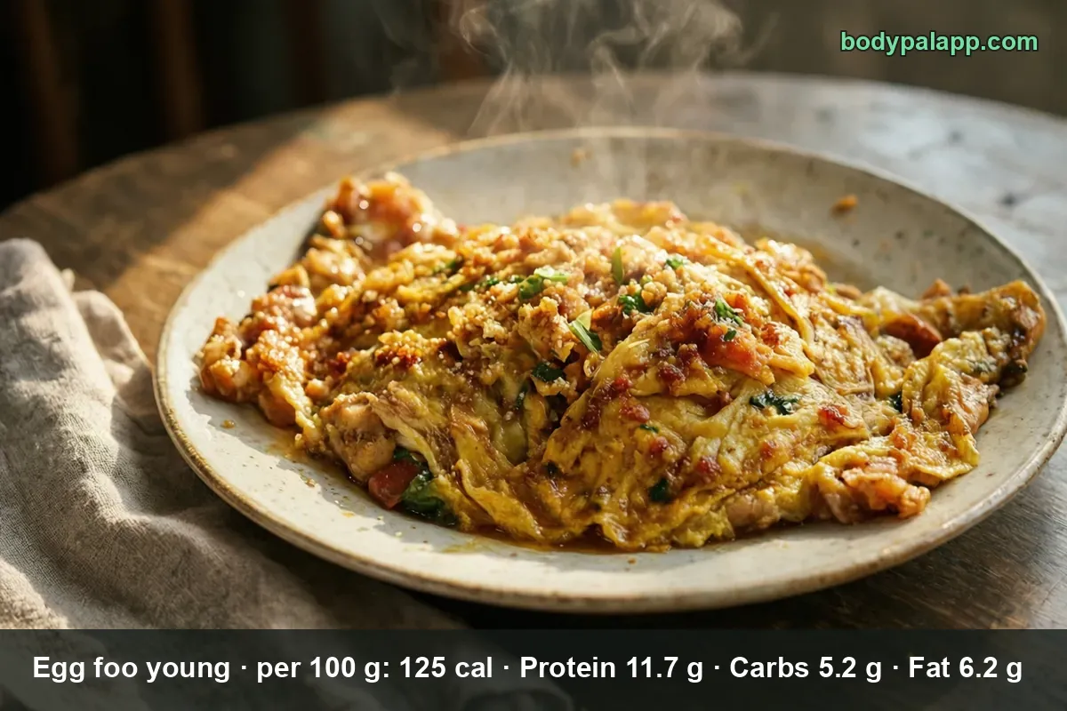 Plate of egg foo young, steaming scrambled egg with pieces of meat and green onion, no brown sauce on top