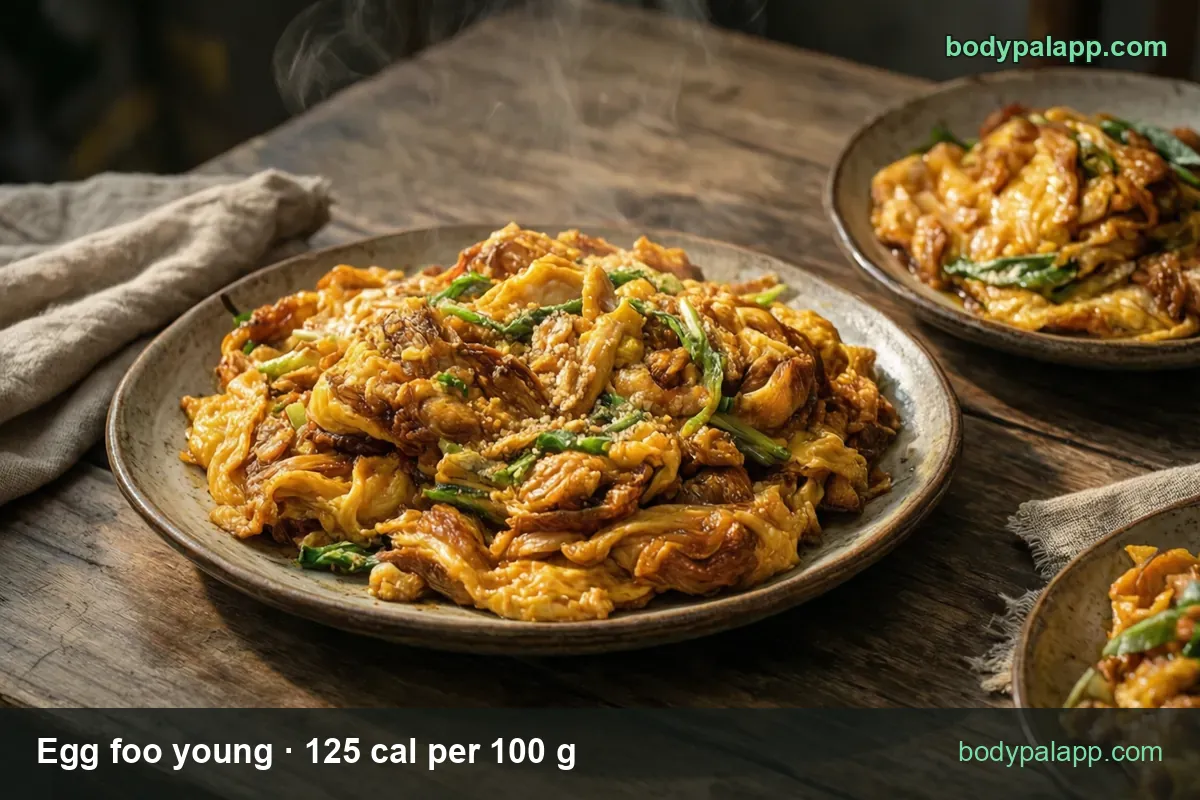 Three plates of egg foo young, scrambled egg with bean sprouts, green onion and meat; 1 cup (175 g) 219 cal, 1 patty (86 g) 108 cal