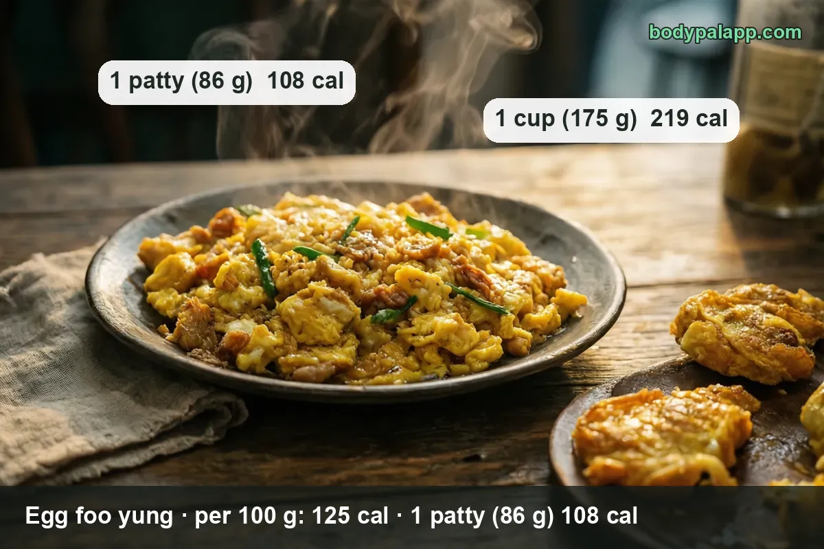 Metal plate of scrambled egg mixture with meat and green onion and a board with three egg patties; 1 patty (86 g) 108 cal, 1 cup 219 cal