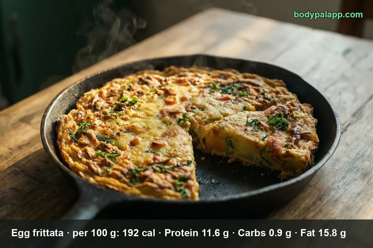 Whole egg frittata in a cast-iron skillet with one wedge cut out, steam rising and the cut edge visible