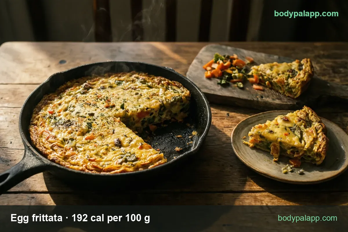 Egg frittata in a skillet, a wedge on a board beside chopped vegetables and a wedge on a plate; 1 wedge 110 g and 1 cup 135 g