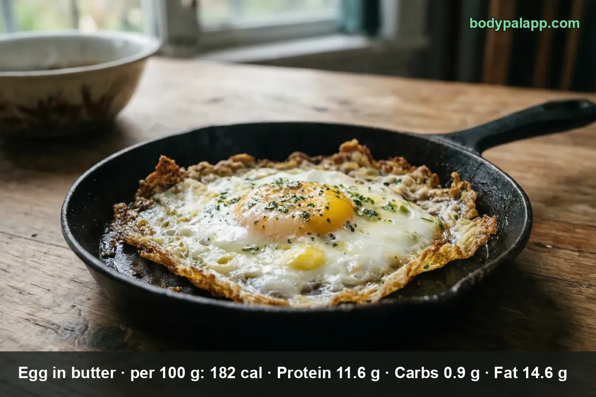 One fried egg with lacy crisp edges cooked in butter in a cast iron skillet, seasoning sprinkled on top