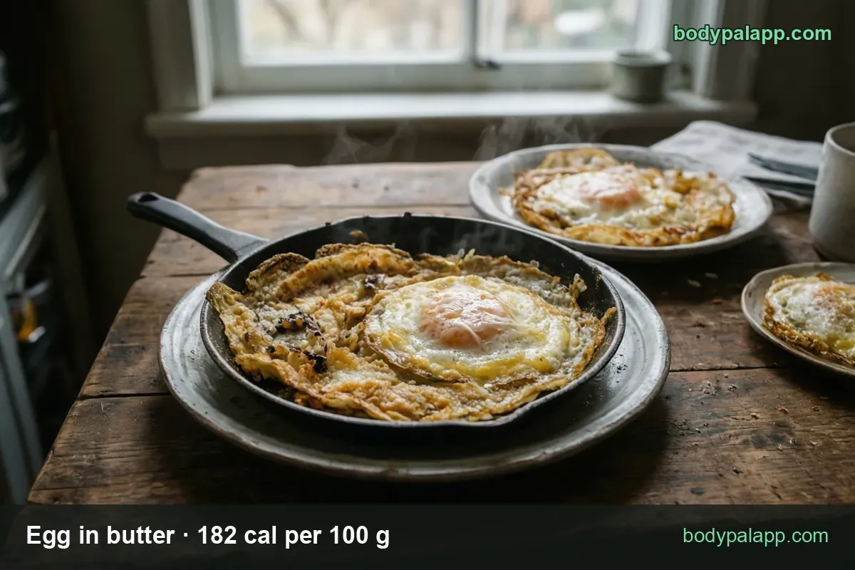 Three fried eggs in butter, one steaming in a cast iron skillet on a plate and two on plates beside it; 1 egg 55 g and 2 eggs 110 g