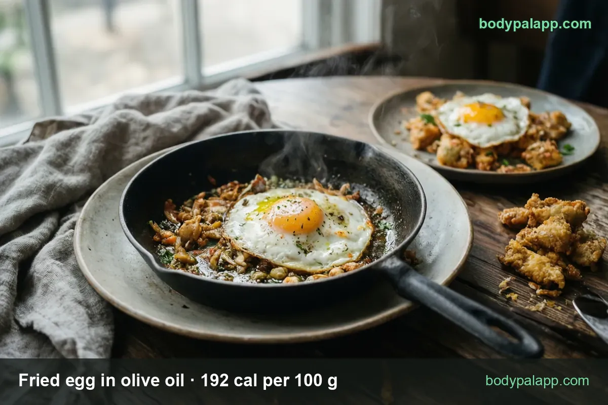 Fried eggs over fried bites on plates and a pile of fried bites; 1 large egg (55 g) 106 cal, 2 large eggs (110 g) 211 cal