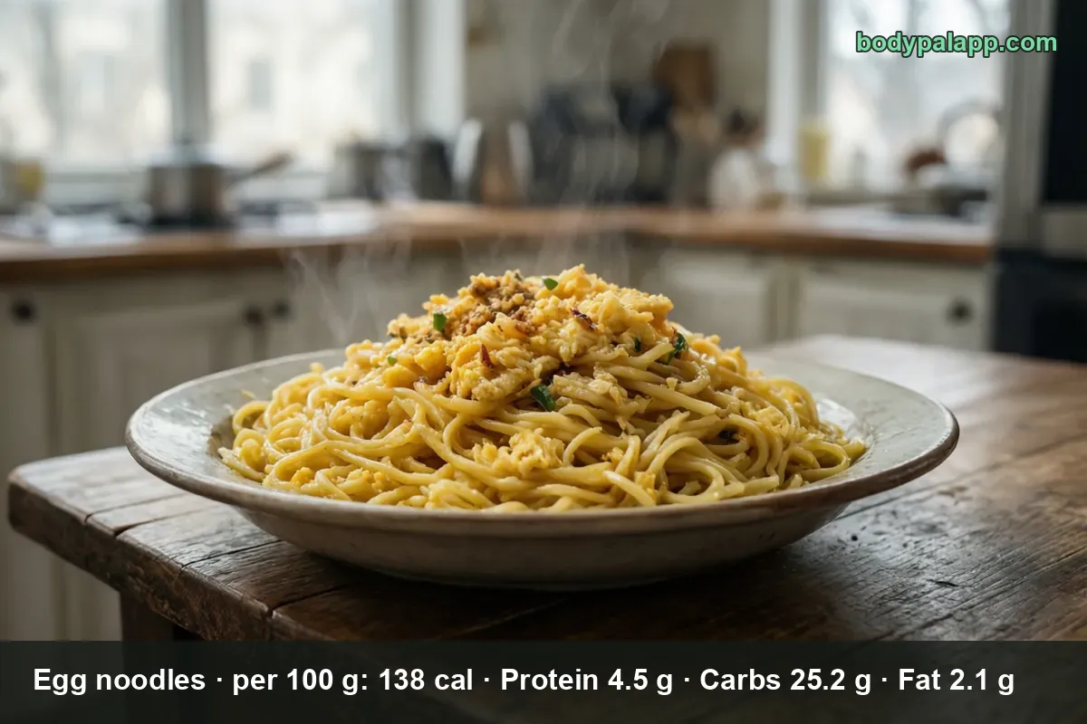 Large plate of steaming cooked egg noodles topped with scrambled egg on a wooden table.