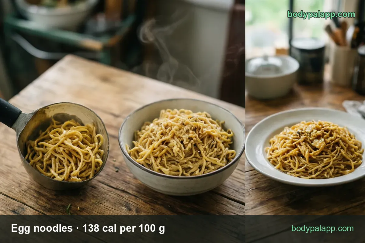 Ladle of egg noodles, a bowl and a plate of steaming egg noodles on wood: 1 cup 221 cal, 1/2 cup 110 cal.