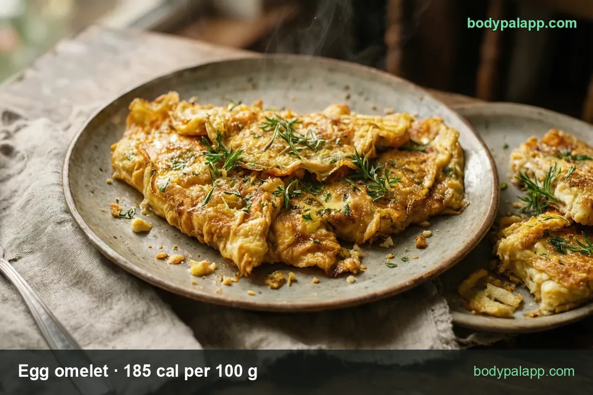 Egg omelet with green herbs on a large plate and a second plate with two omelet slices; 1 omelet (110 g) 204 cal, 1 egg (55 g) 102 cal