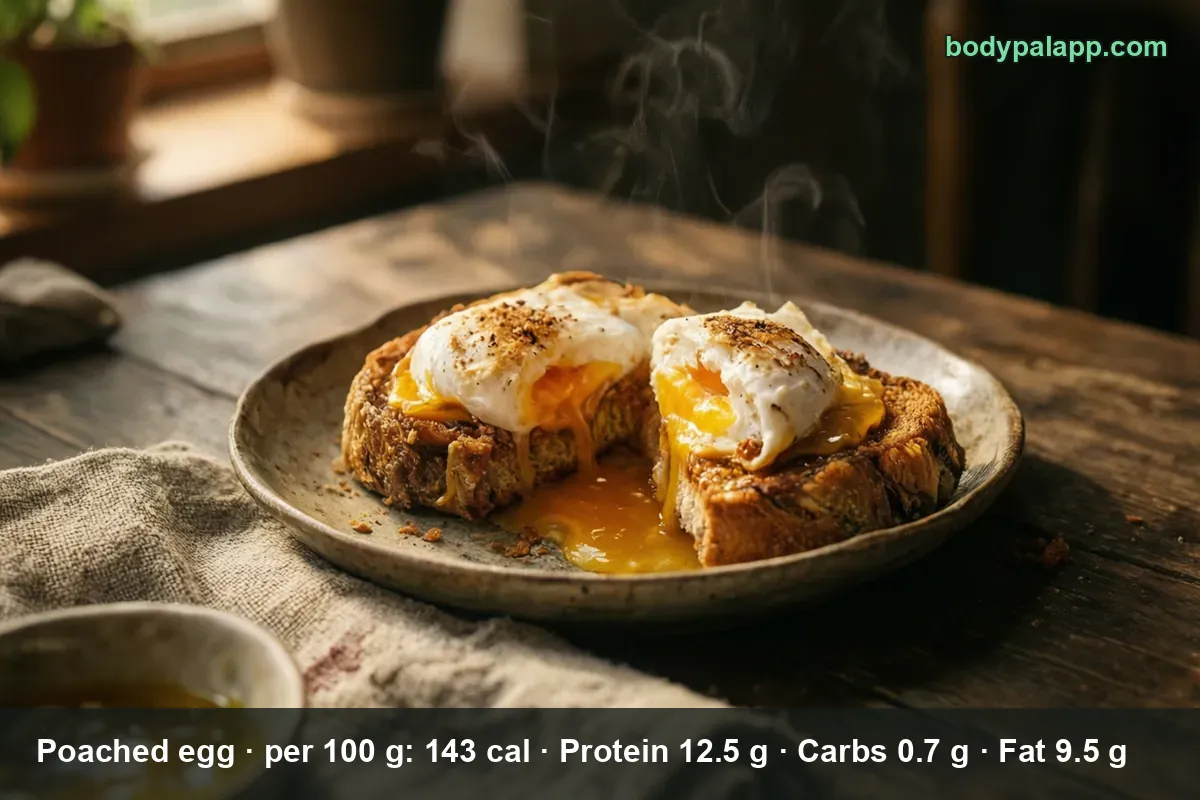 Two poached eggs on two slices of toast, one egg cut open with the yolk running out