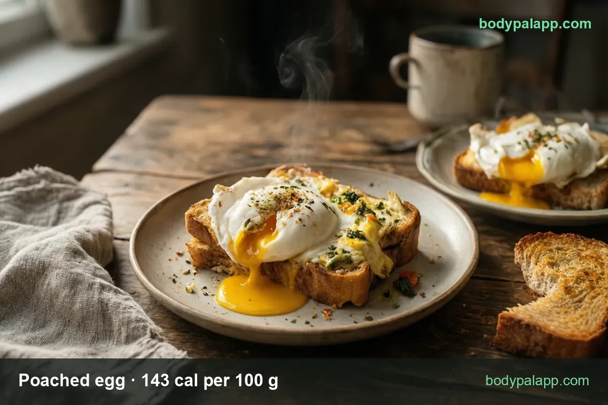 Plated poached egg with a runny yolk on toast with vegetables, a second plate, bread and steaming coffee; chips 1 large egg 72 cal, 2 eggs 143 cal