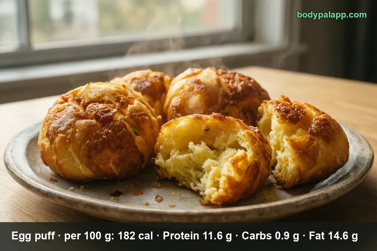 Four golden egg puffs on a plate, two broken open to show the soft pale yellow center