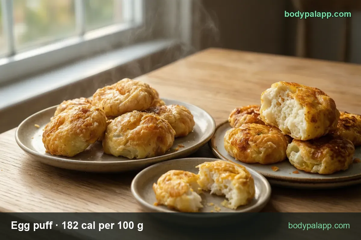 Two plates of steaming golden egg puffs with 1 egg puff (55 g) 100 cal and 4 egg puffs (220 g) 400 cal