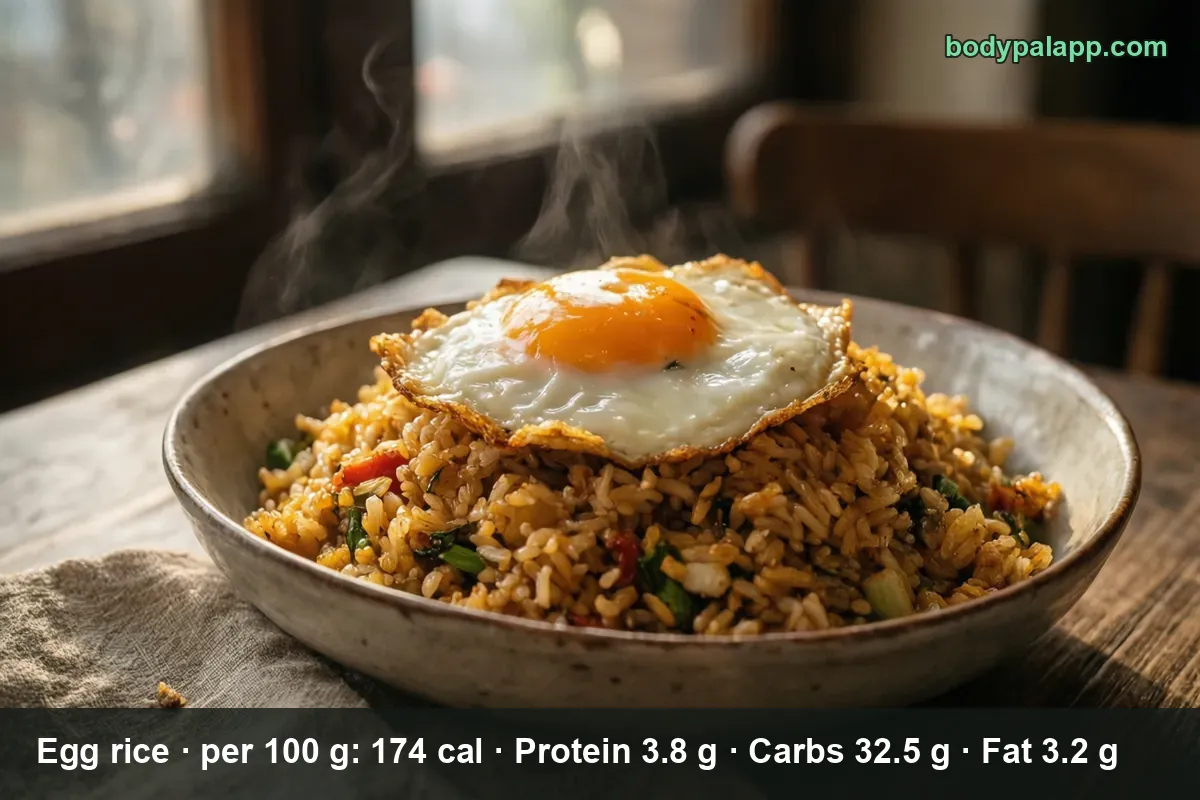 Large bowl of egg fried rice with vegetables and a whole fried egg on top