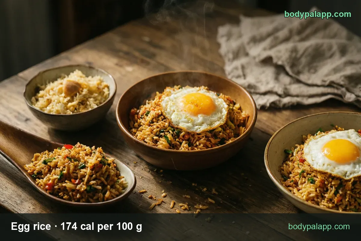 Two bowls of egg fried rice with fried eggs and a spoon of fried rice, labeled 1 cup 289 cal and 1/2 cup 144 cal