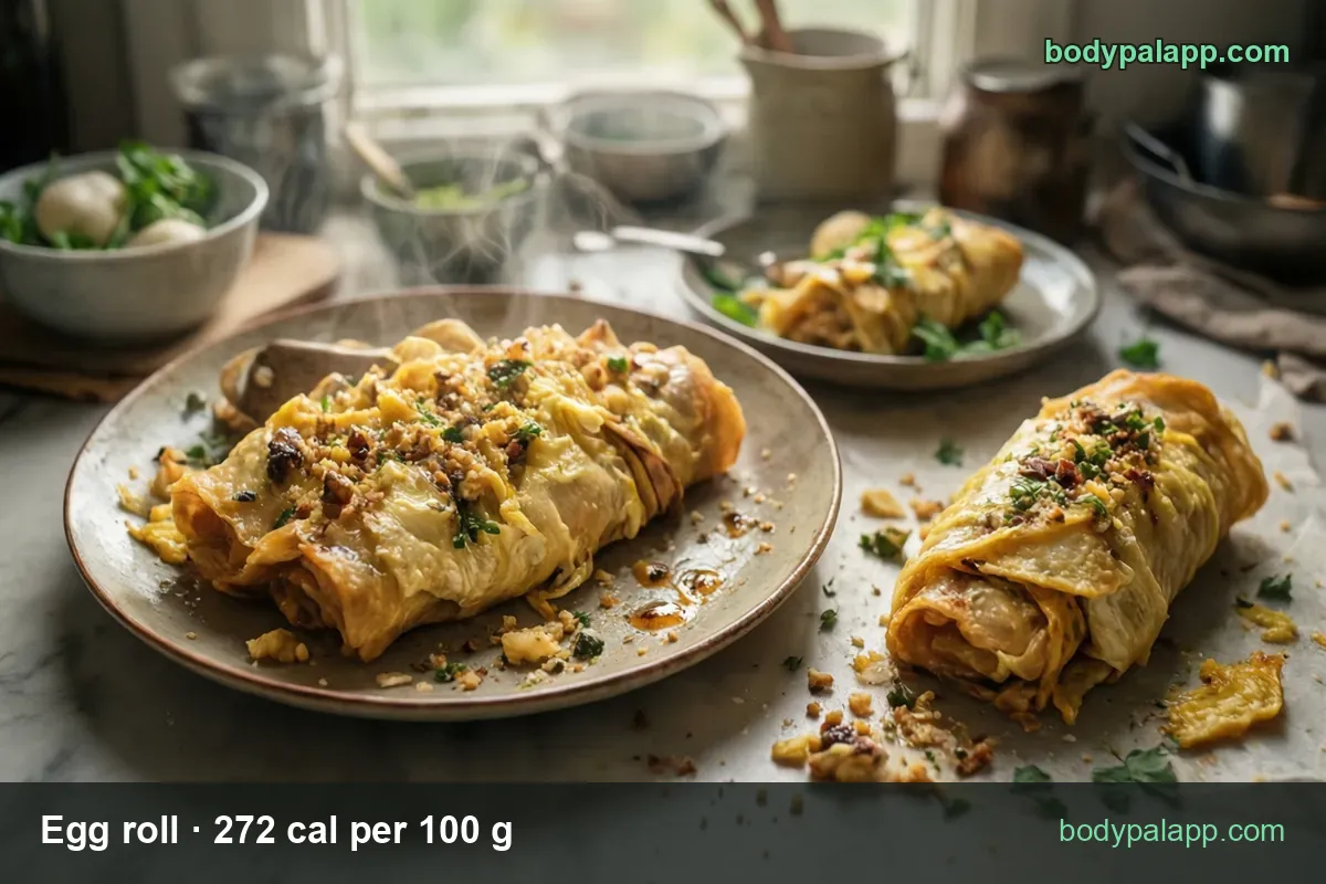 Two soft rolled egg rolls on a plate, one on paper and one behind, steaming, with labels 1 egg roll 64 g 174 cal and 1 cup 125 g 340 cal