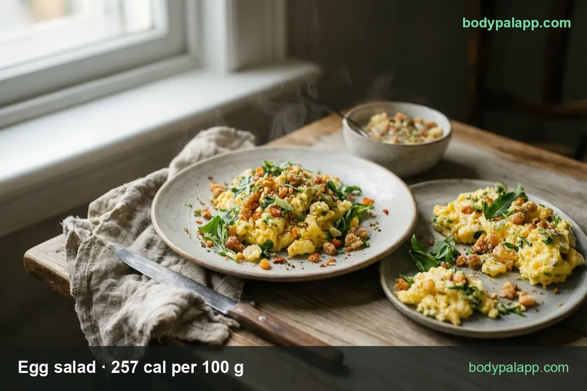 Two plates of chopped egg salad with arugula, walnuts and tomato, bowl behind; 1/2 cup (111 g) 285 cal and 1 cup (222 g) 571 cal