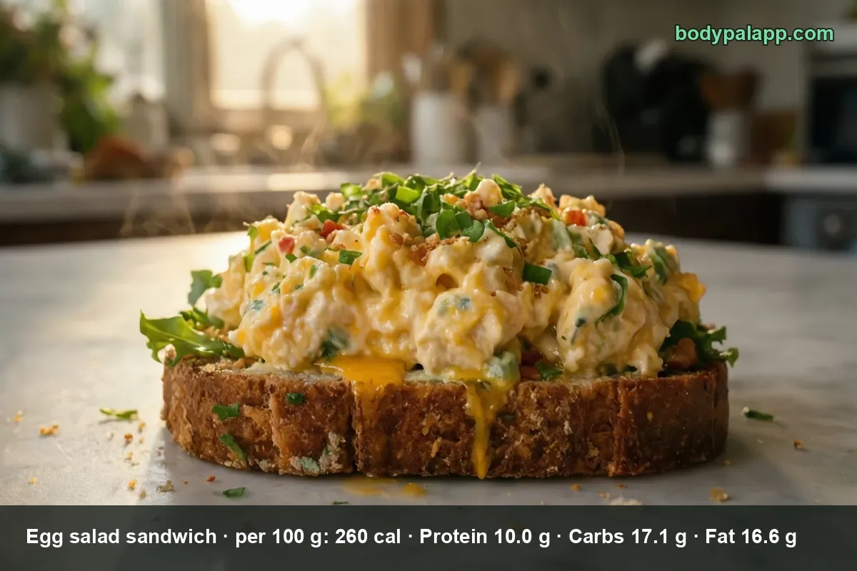 Open-faced egg salad sandwich: egg salad and greens on one toasted slice, no top bread.